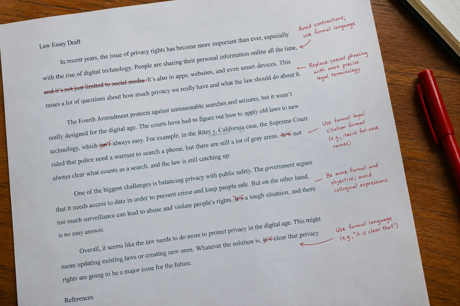 Draft law dissertation text edited from informal to formal legal register