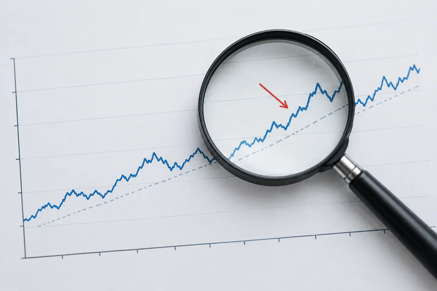 Magnifying glass over a financial trend chart, symbolising scrutiny of accounting data limitations