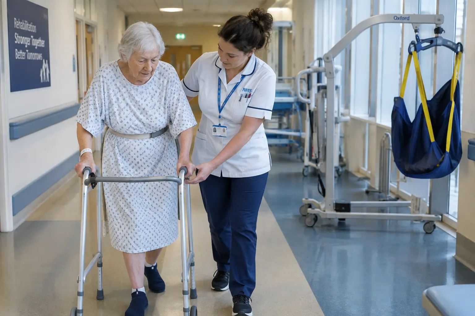 Nurse assisting a patient with mobility during post-stroke rehabilitation