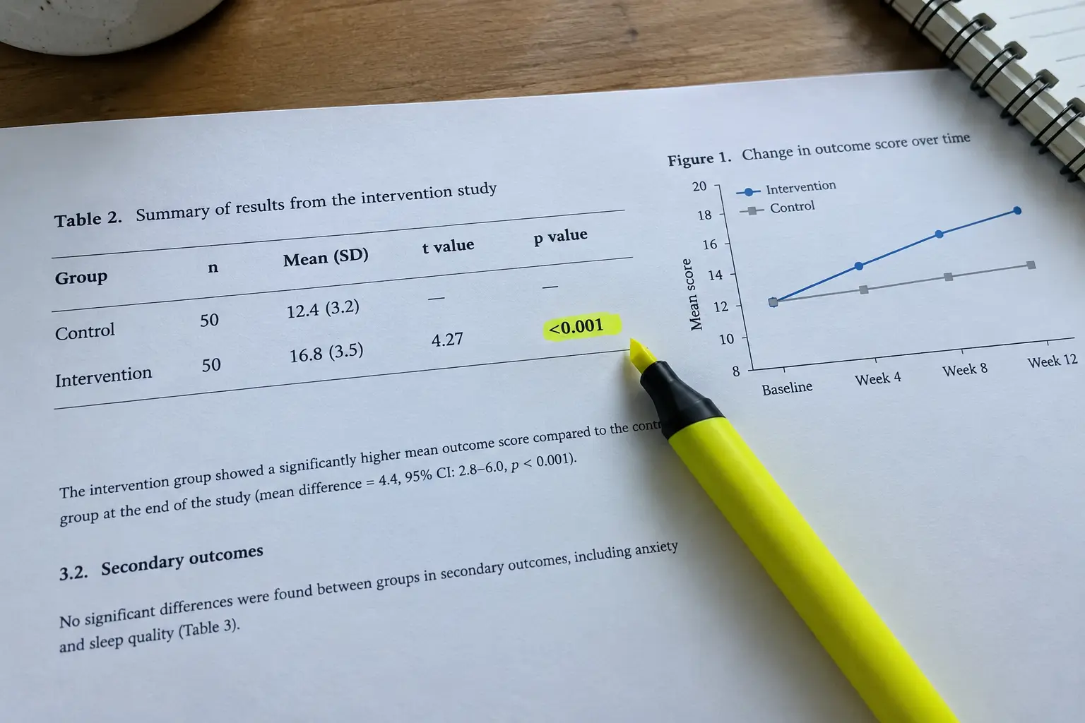 Printed results table with statistics and effect size highlighted