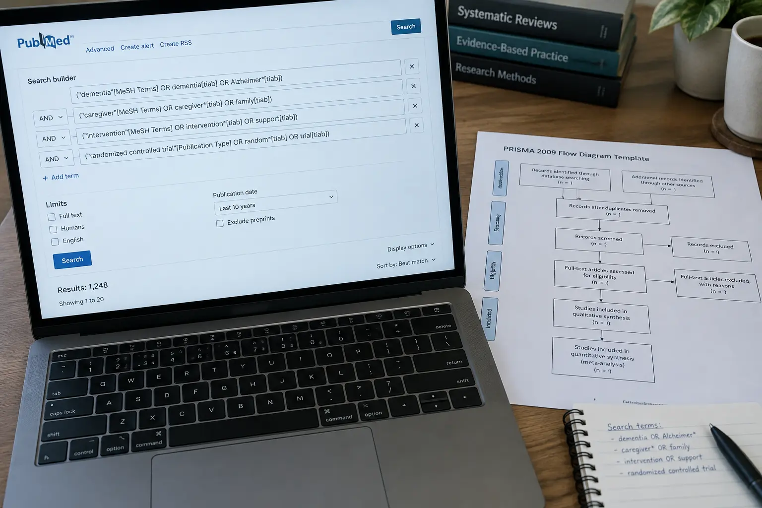 Documented literature search strategy with a PRISMA flow diagram template