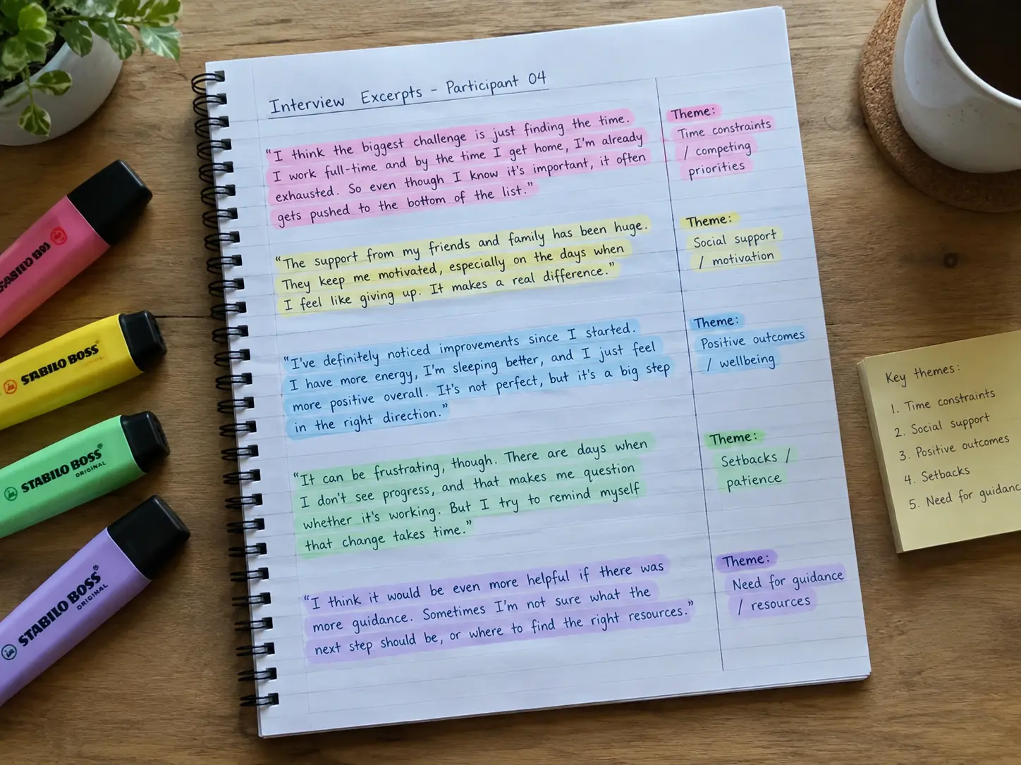Colour-coded interview transcript excerpts organised into named themes