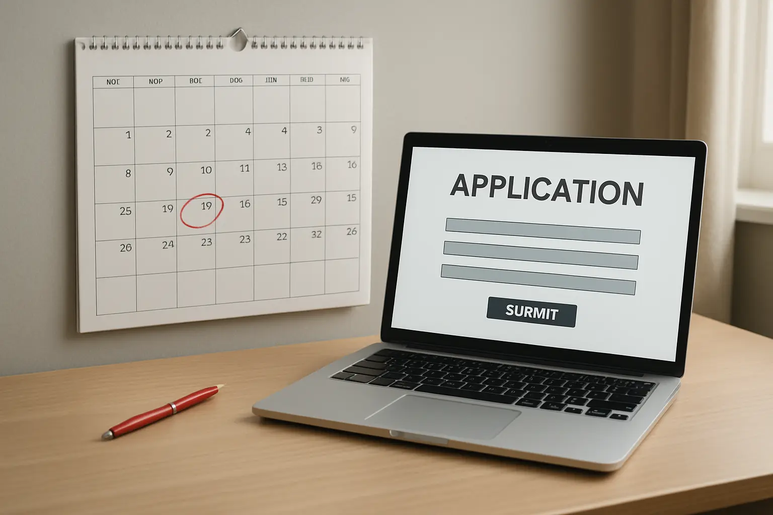 Student finance application deadline marked on a calendar beside an online form