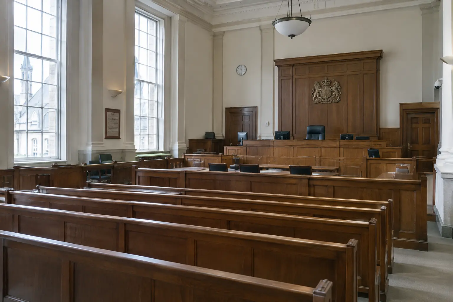 Empty public gallery of a UK court used for open-hearing observation research