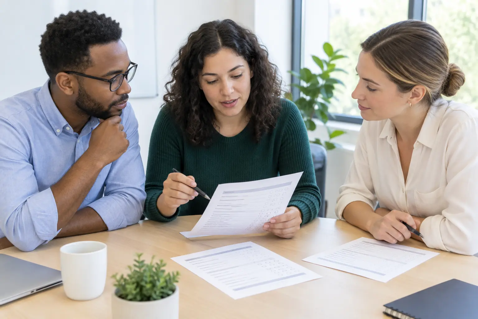 Three experts reviewing a printed questionnaire around a table