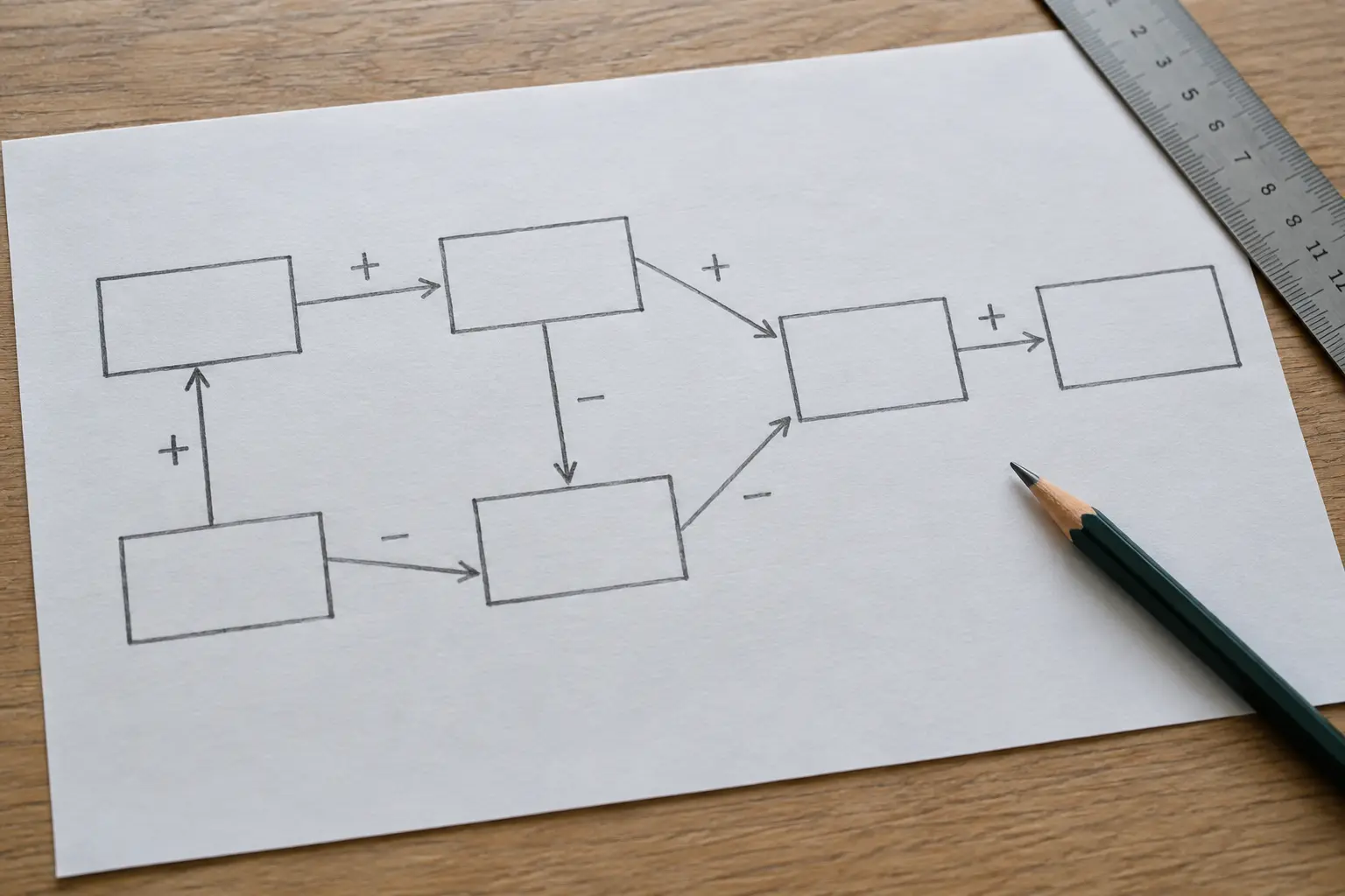 Hand-drawn research model with boxes and arrows on paper