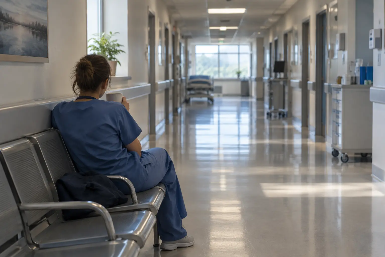 Nurse in scrubs resting on a hospital corridor bench with a cup of tea