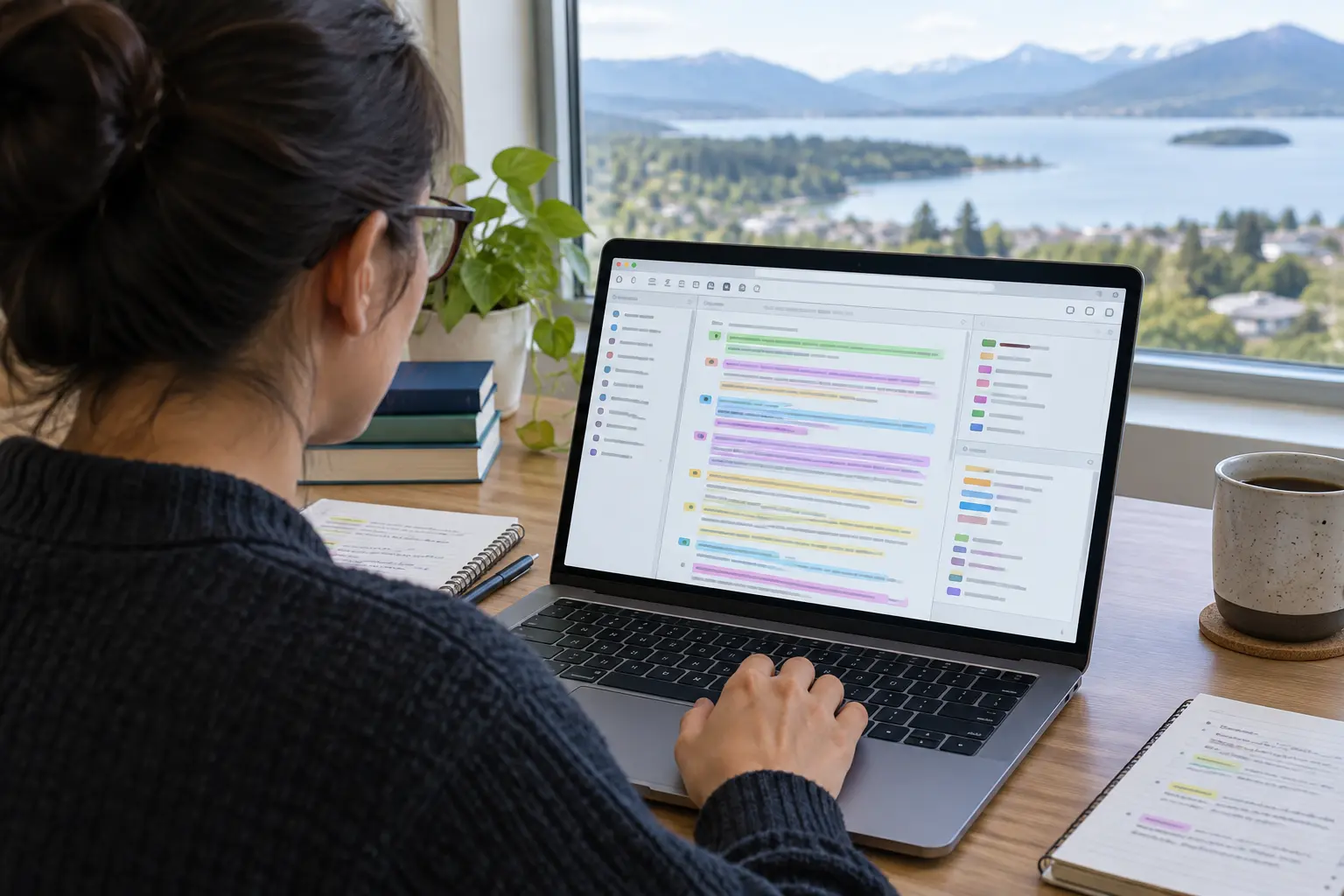 Student coding interview transcripts with colour-coded highlights on a laptop