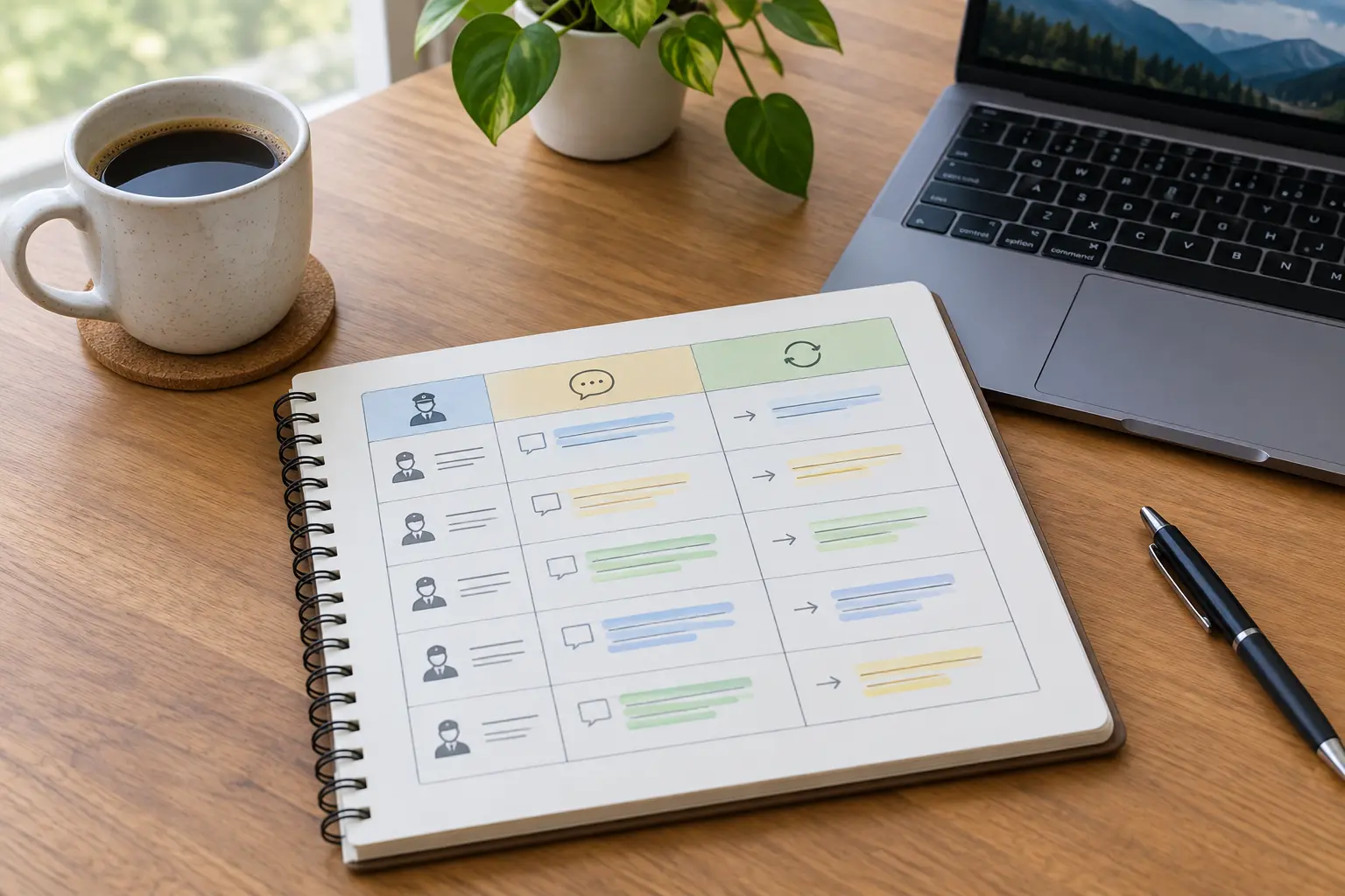Notebook with a pilot log table listing questionnaire changes