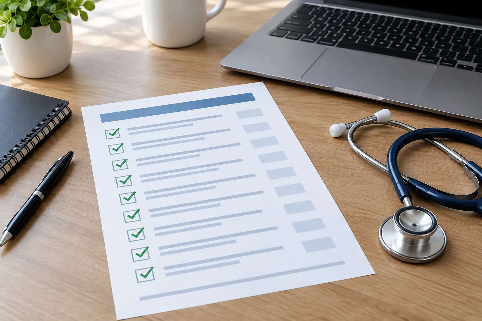 Printed reporting checklist with ticks beside a laptop and stethoscope