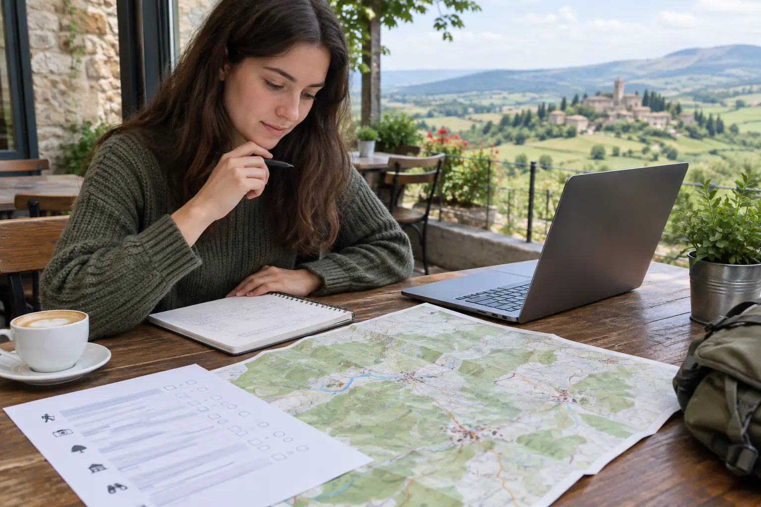 Student planning a tourism questionnaire with a map and notes