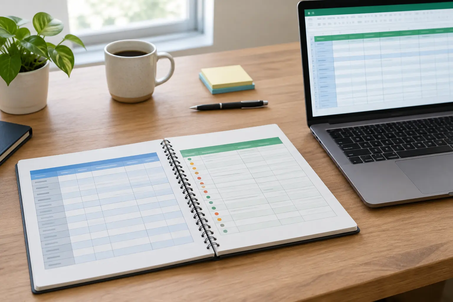 Notebook with a data dictionary and source log beside a laptop