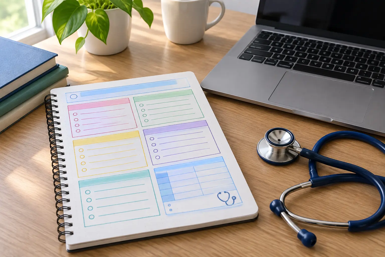 Notebook with a nursing burnout study plan beside a laptop