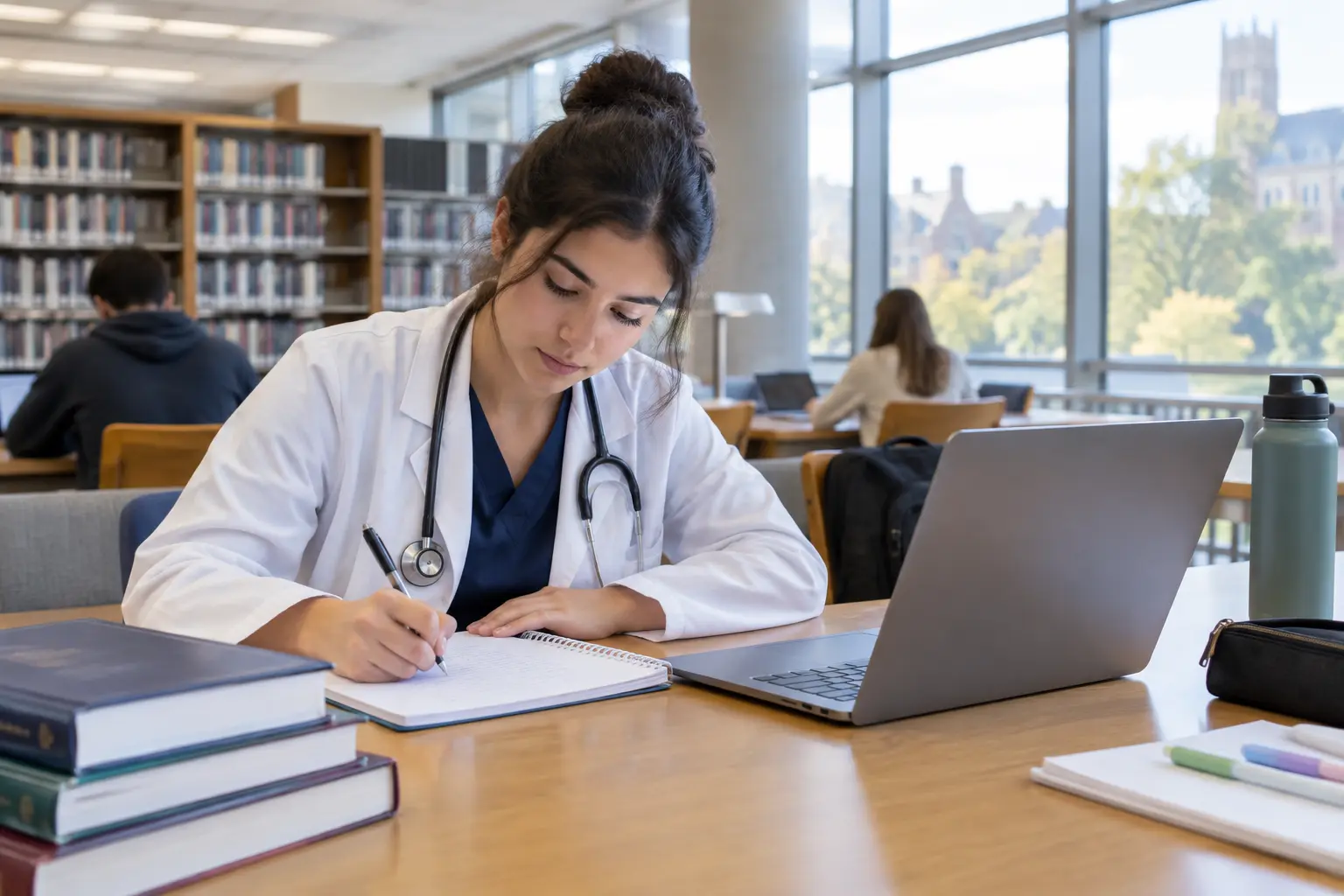 Medical student writing notes beside a laptop in a university library