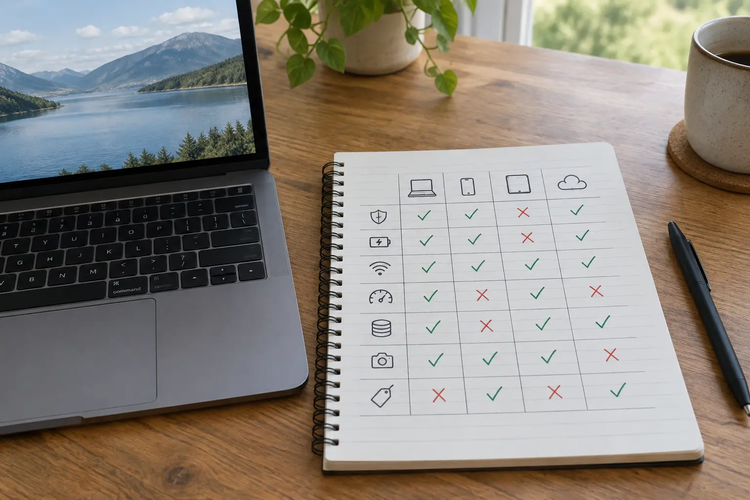 Notebook comparing leadership scales with a checklist beside a laptop