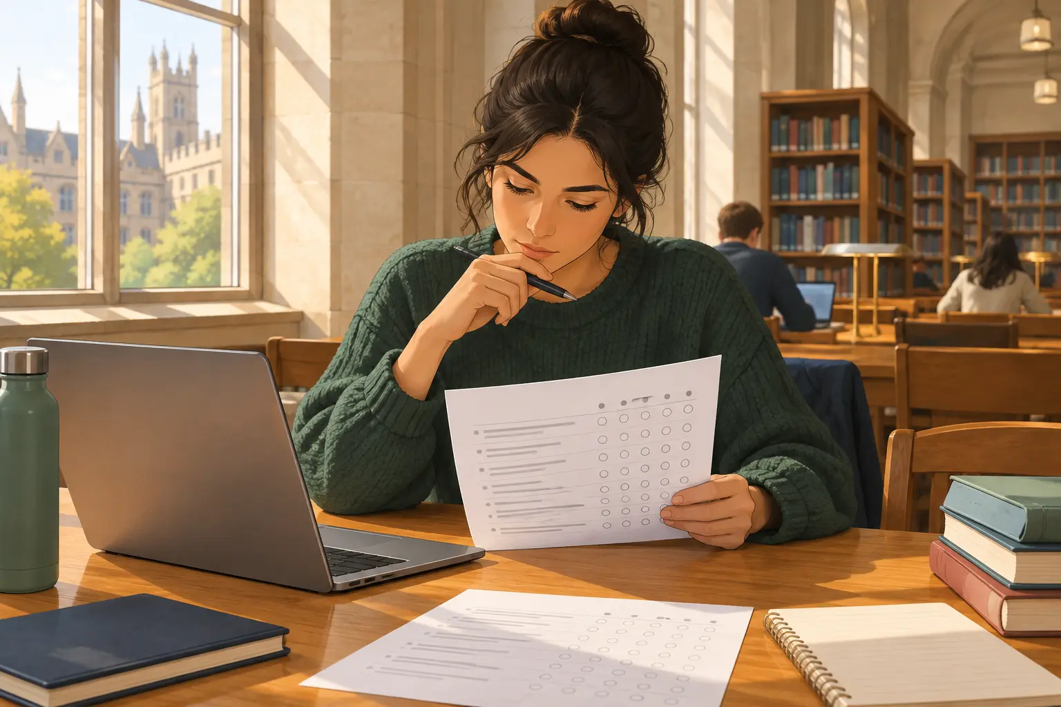 Student reviewing a job satisfaction questionnaire at a library desk