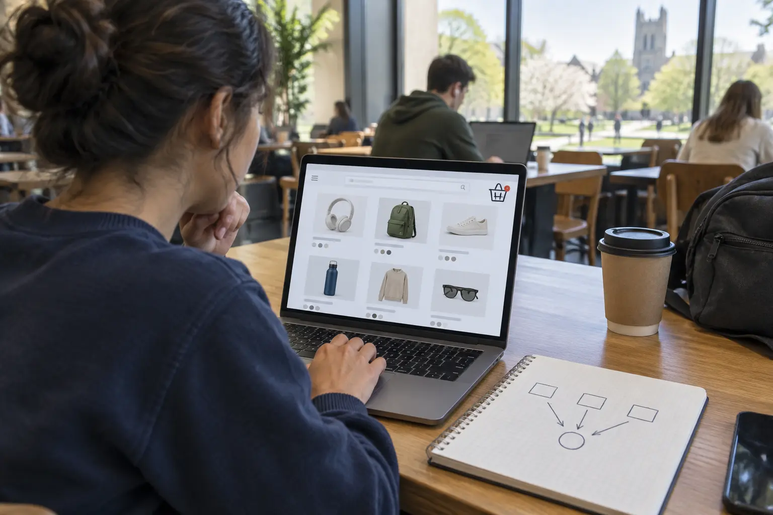 Student researching purchase intention with a hand-drawn model beside a laptop