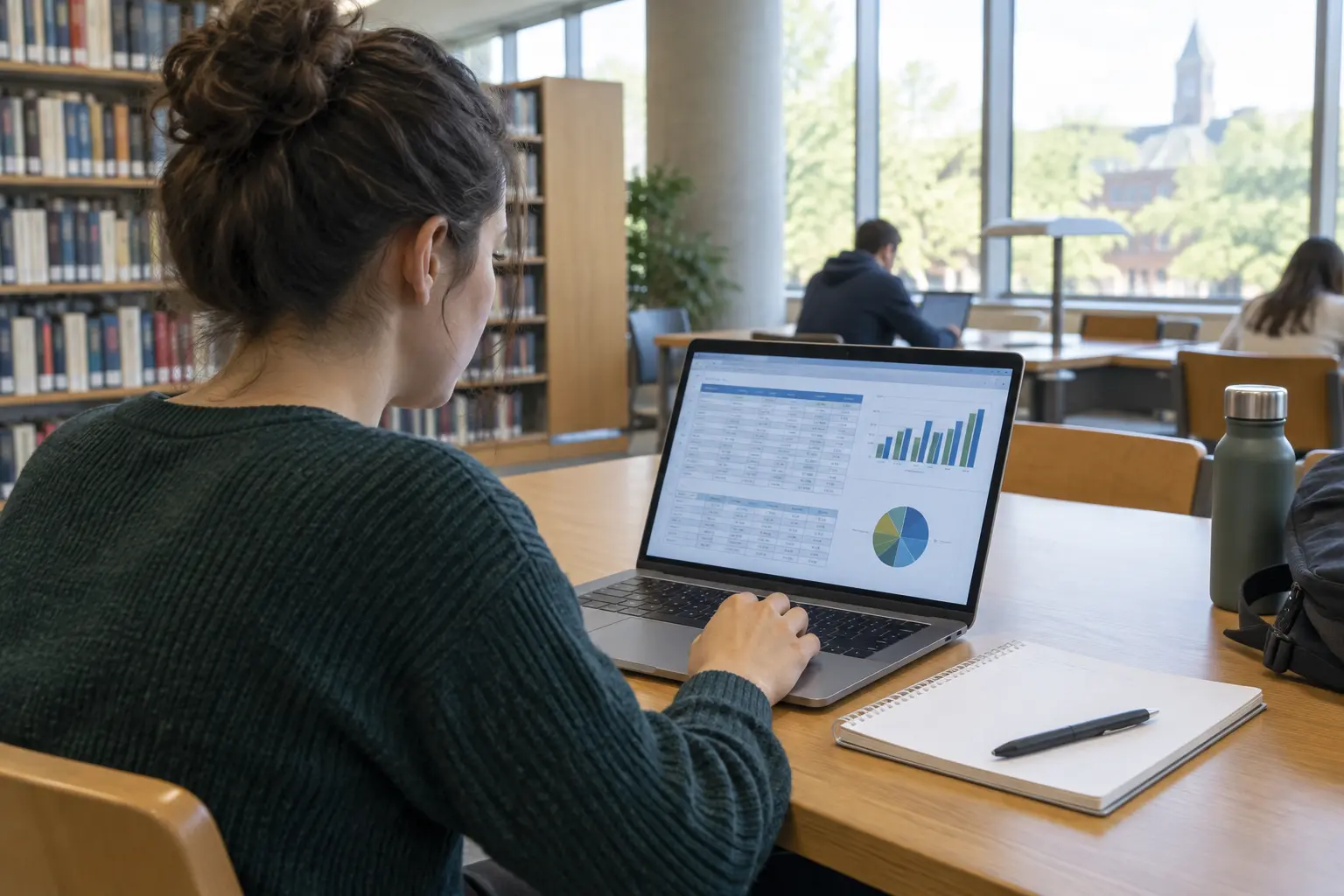 Student downloading school statistics tables on a laptop in a library