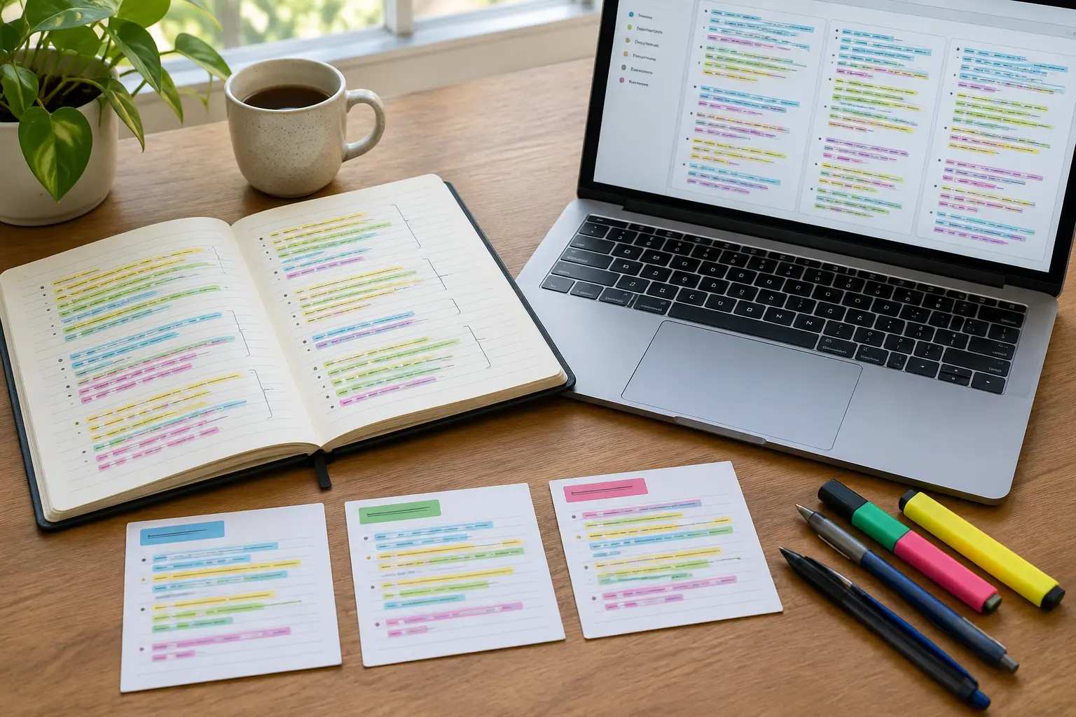 Notebook with coded excerpts organised into themes beside a laptop