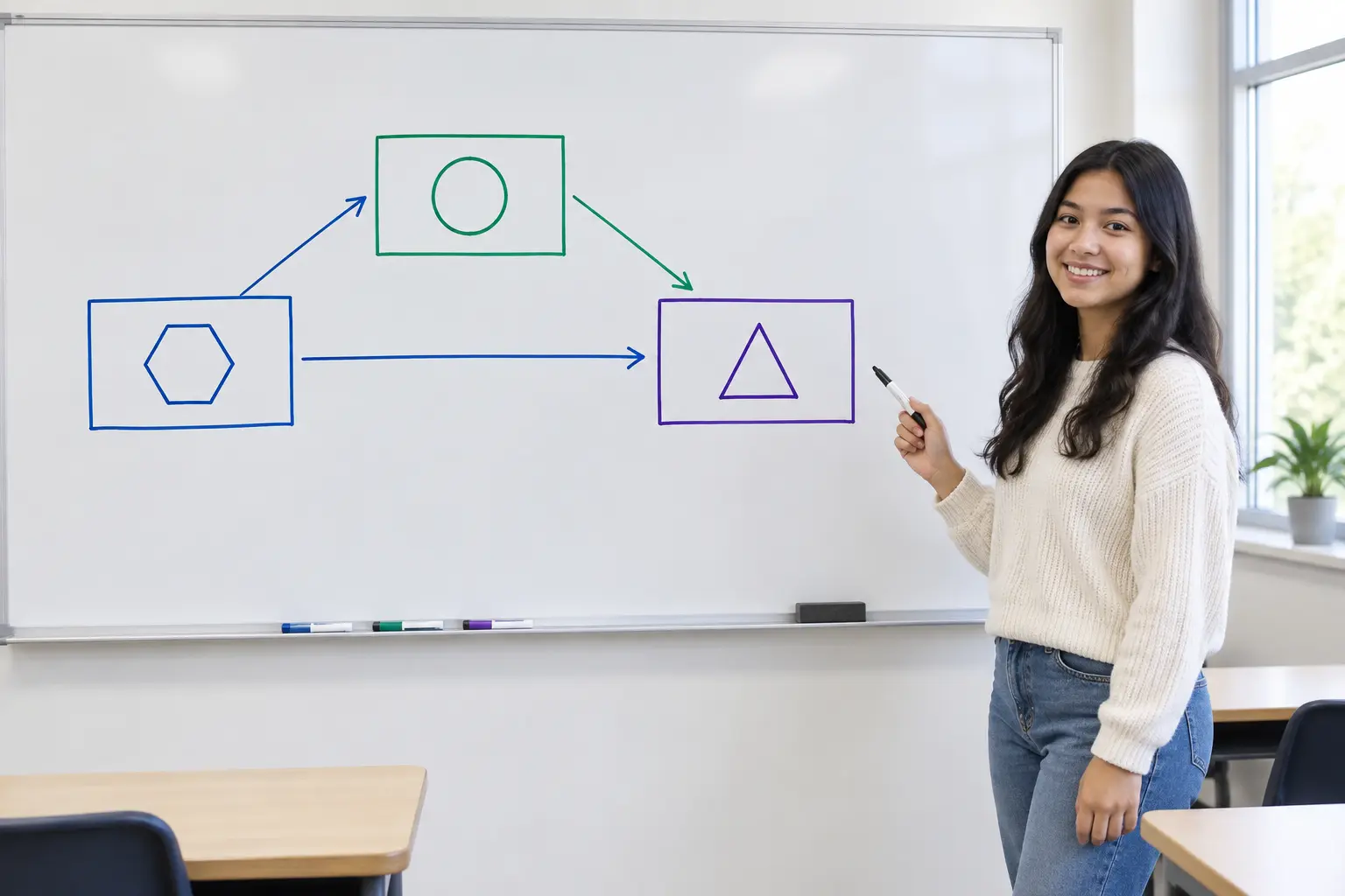 Whiteboard conceptual framework diagram with variable boxes and arrows