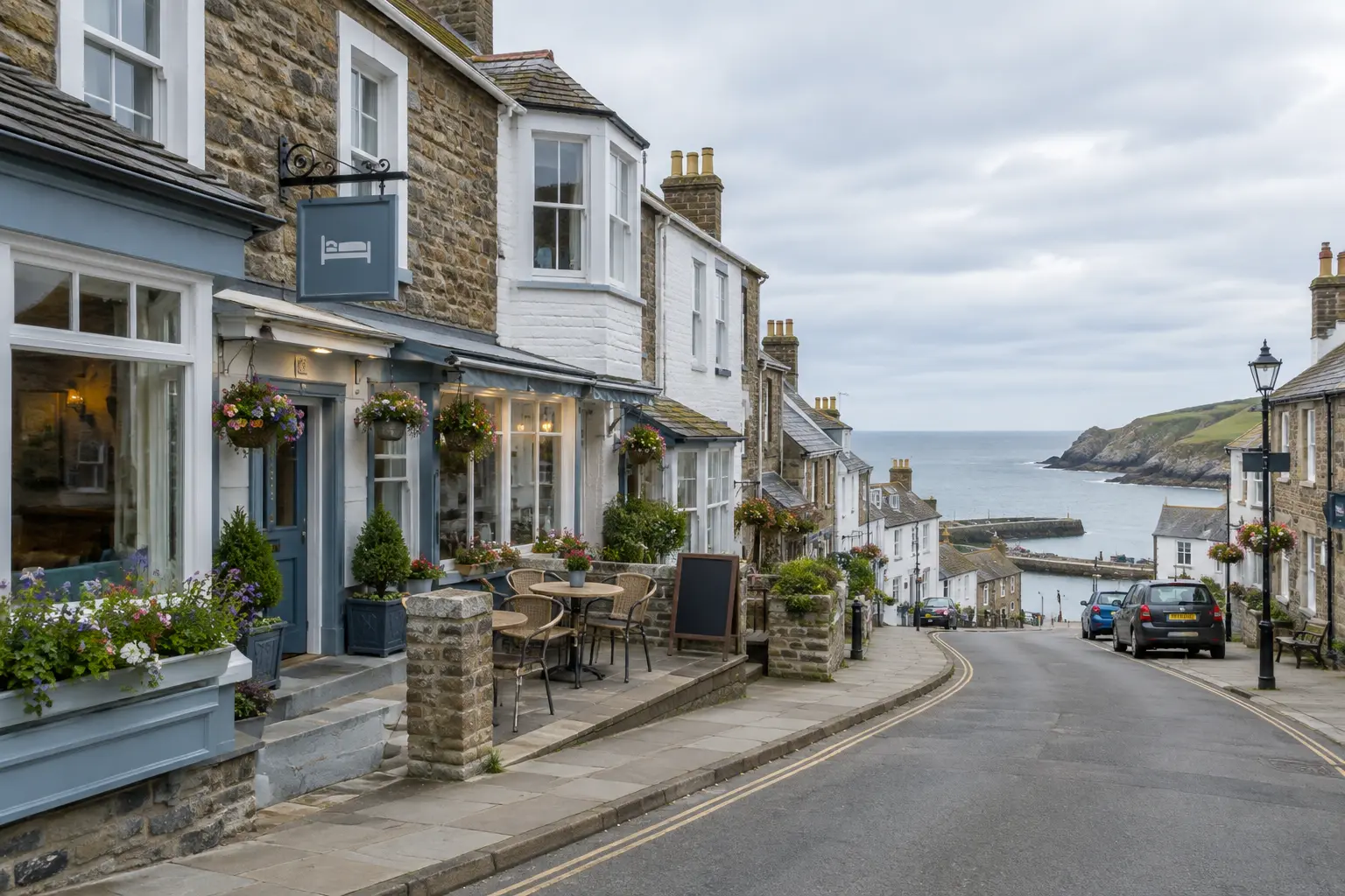 Seaside town high street with a small guesthouse and cafe
